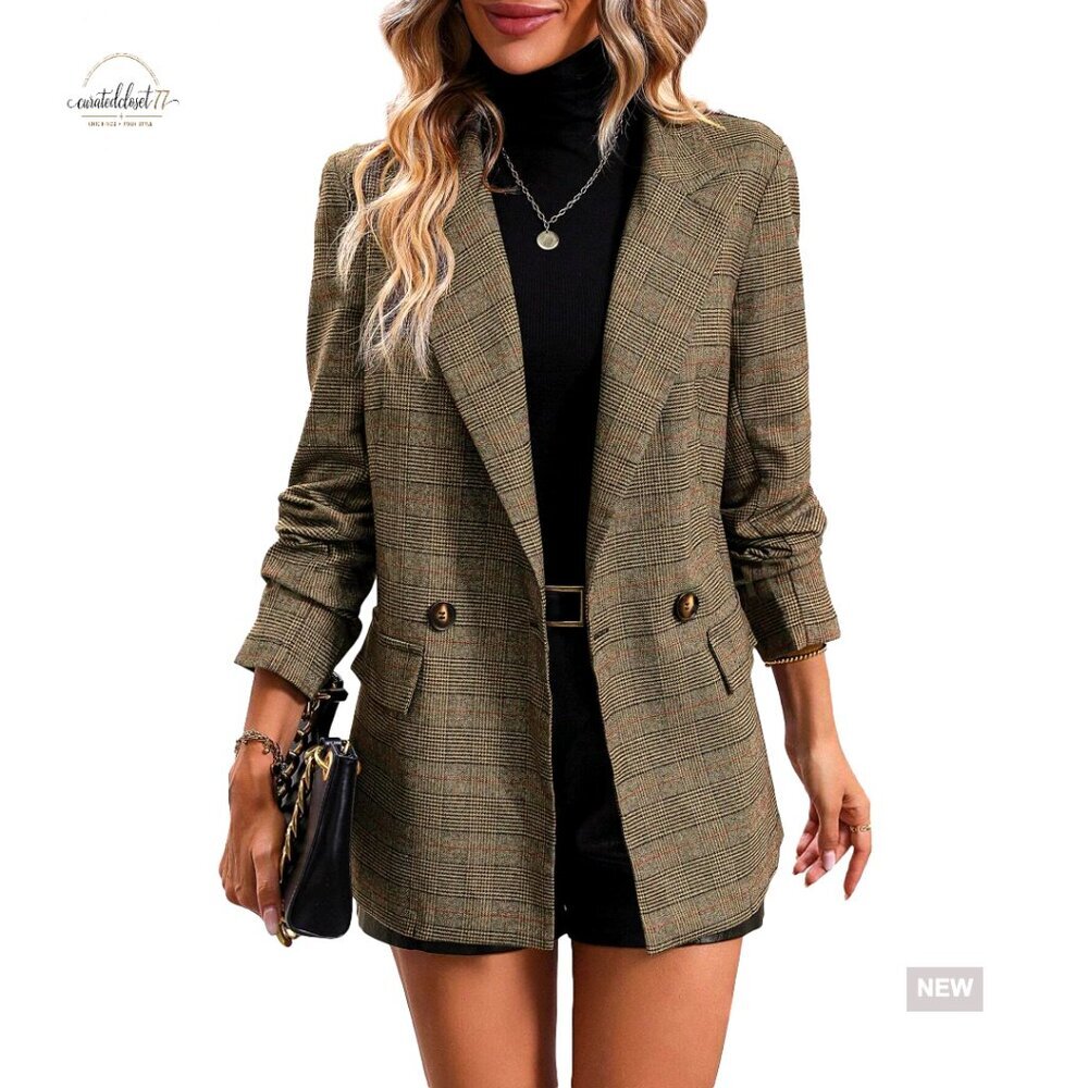 Women's Plaid Blazer Fully Lined Button Lapel Office Jacket with Pockets